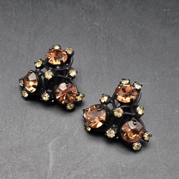 Vintage Joseph Warner Clip On Earrings Rhinestone Orange Champagne Japaned Black - Picture 6 of 8